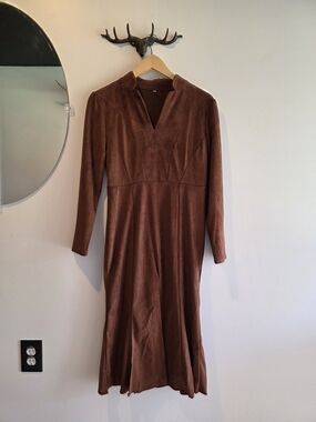 Faux Suede Long Sleeve V-Neck Dress With Slit